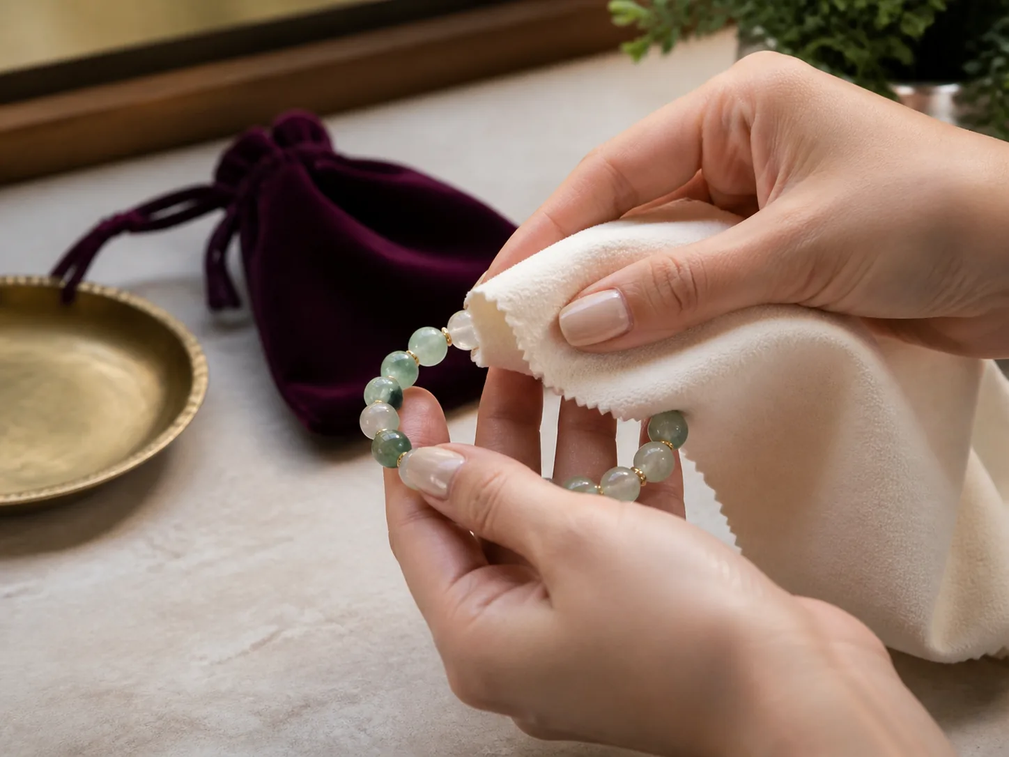 Crystal bracelet being wiped with a soft cloth