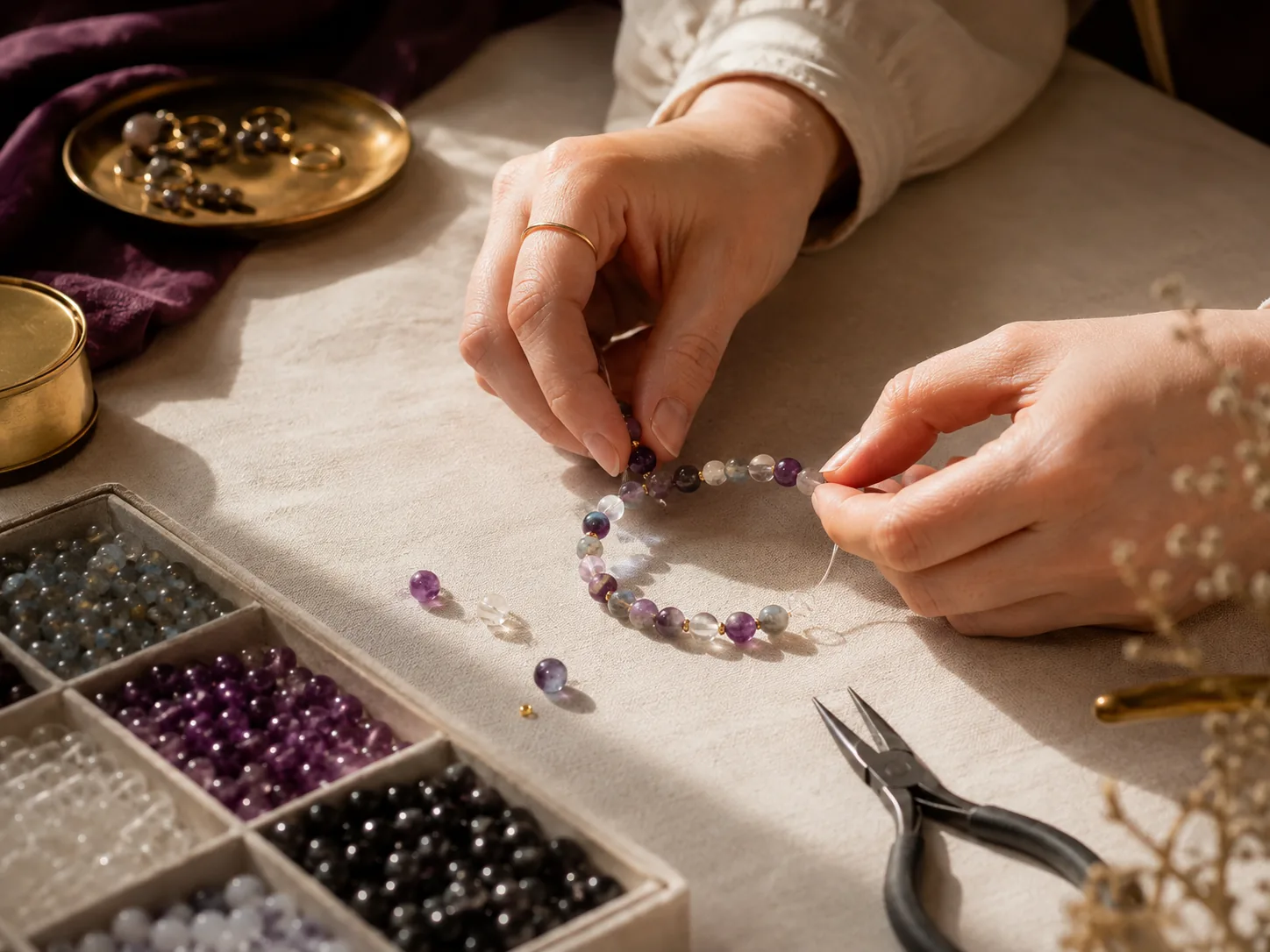 Crystal bracelet being assembled by hand