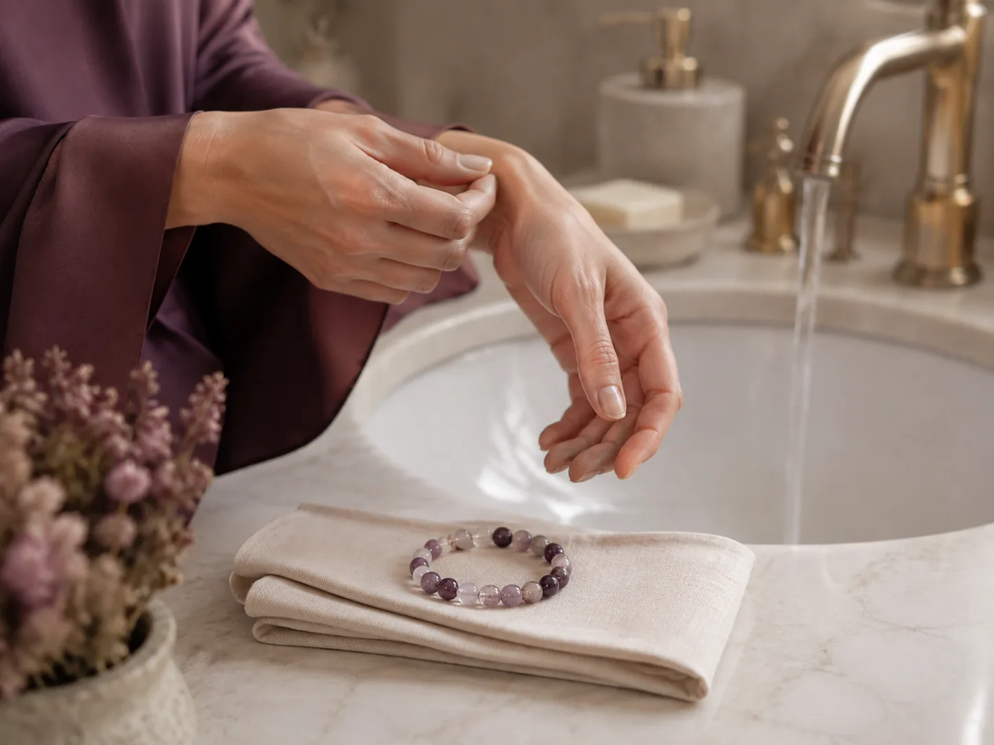 Crystal bracelet kept dry beside a sink