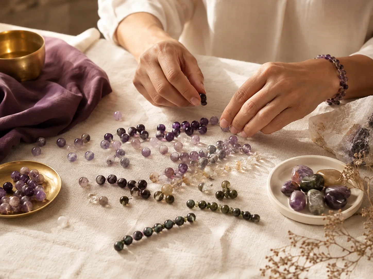 Natural crystal beads being carefully selected