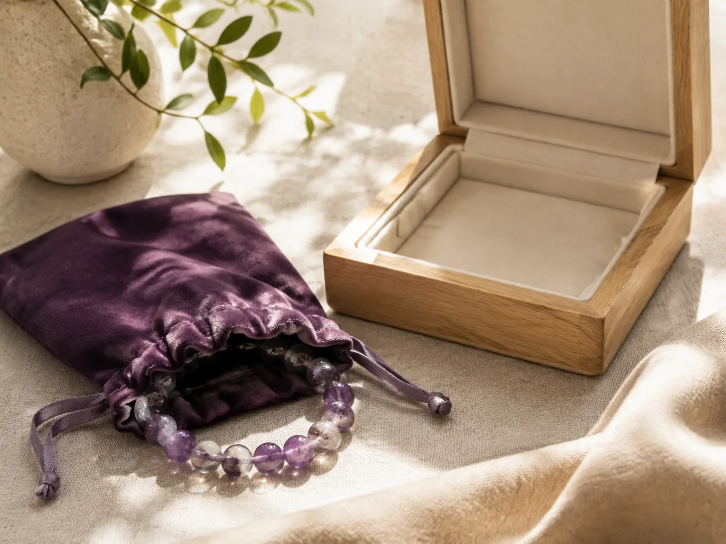 Crystal bracelet stored separately in a soft pouch