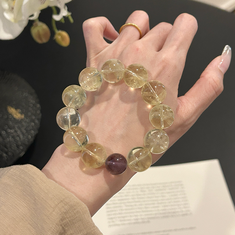 14-15mm Natural Lemon Crystal Handmade Beaded Bracelet 1