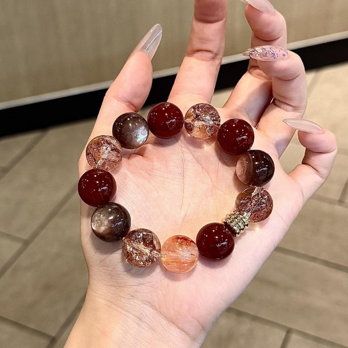 14mm Natural Red Agate Gold Foil Beaded Bracelet (Style ID BF2269) 3
