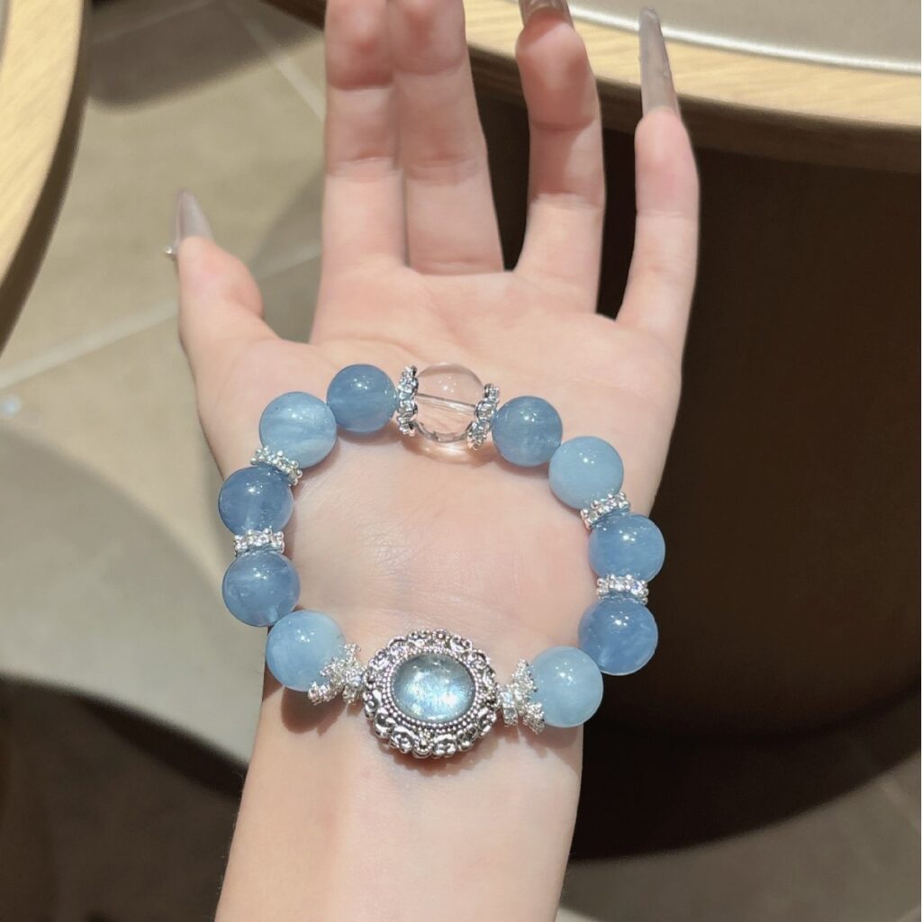 Natural Clear White Crystal & Aquamarine Bead Bracelet 1