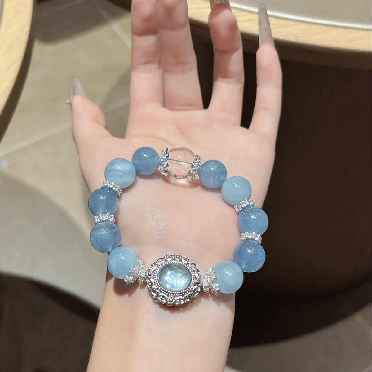 Natural Clear White Crystal & Aquamarine Bead Bracelet