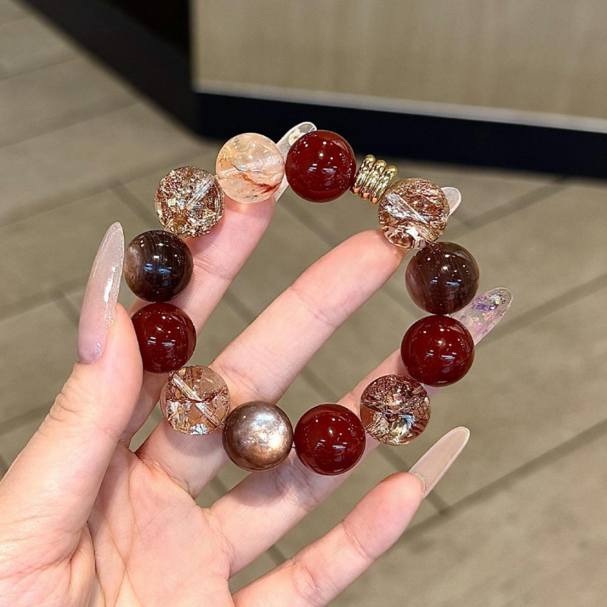 14mm Natural Red Agate Gold Foil Beaded Bracelet (Style ID BF2269) 4