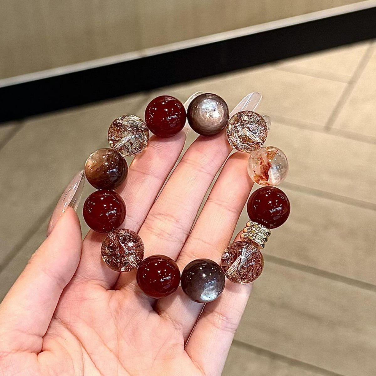 14mm Natural Red Agate Gold Foil Beaded Bracelet (Style ID BF2269) 5