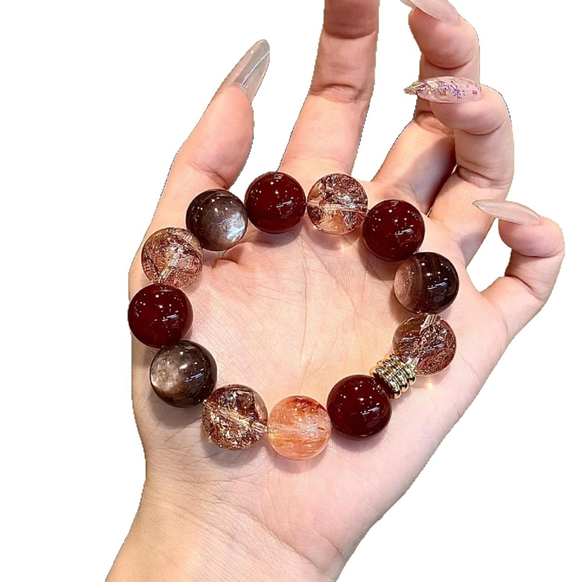 14mm Natural Red Agate Gold Foil Beaded Bracelet (Style ID BF2269) 6