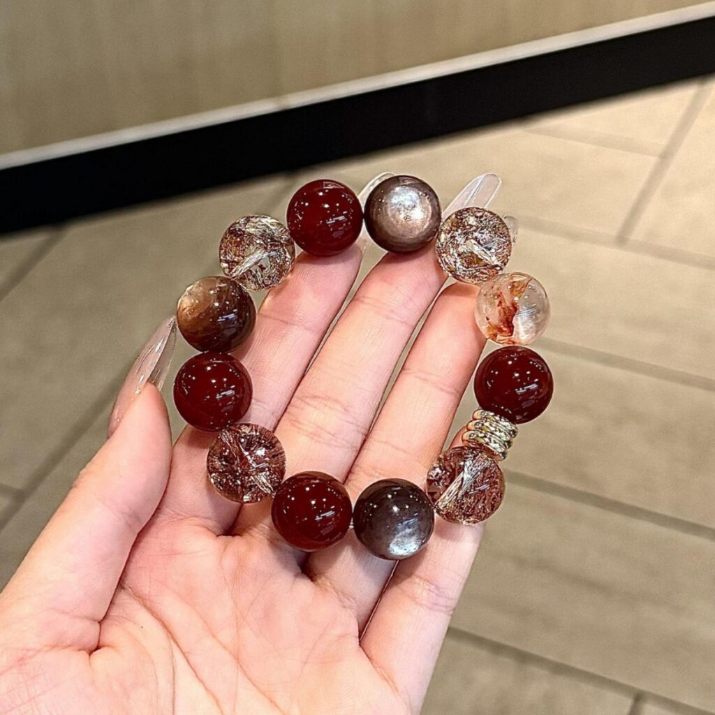 14mm Natural Red Agate Gold Foil Beaded Bracelet (Style ID BF2269) 2