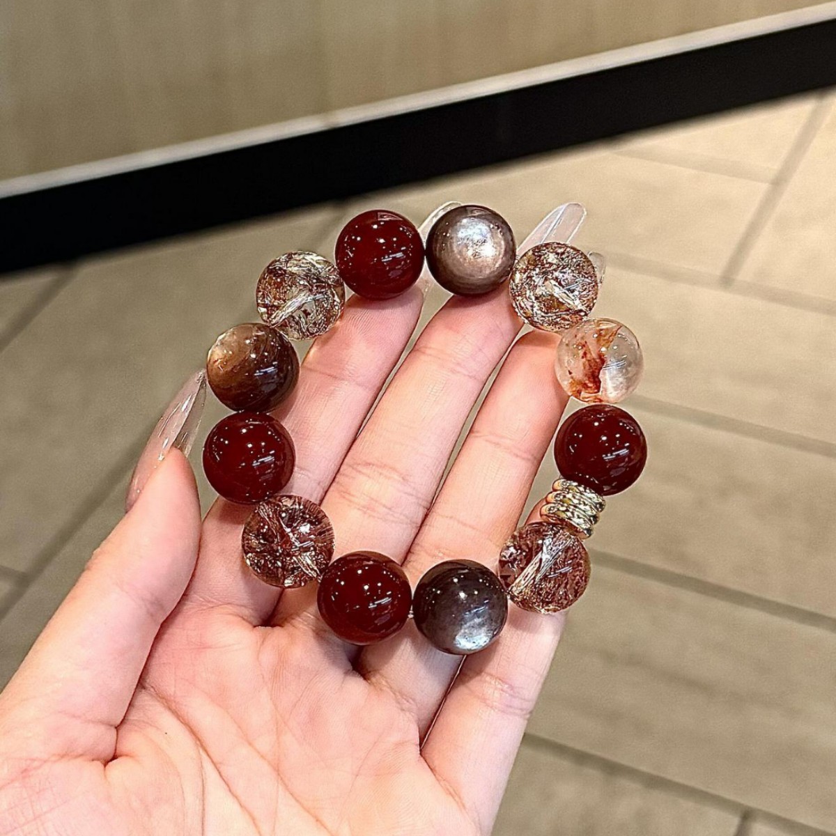 14mm Natural Red Agate Gold Foil Beaded Bracelet