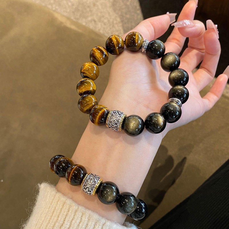 Natural Tiger’s Eye and Obsidian Beaded Bracelet