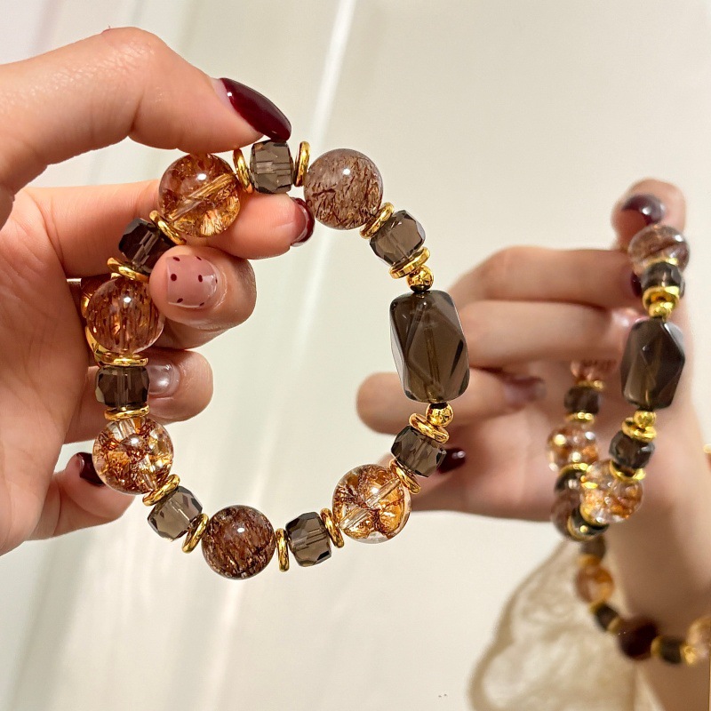Handmade Natural Mixed Crystal Beaded Bracelet (Caramel Latte Tone)