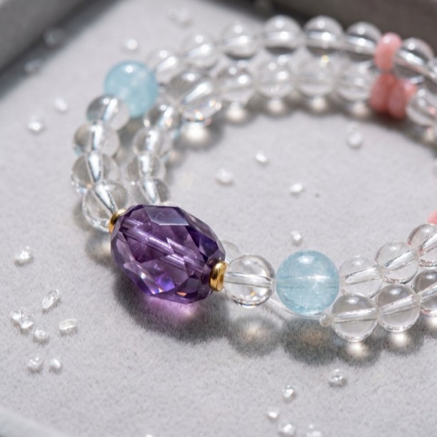 Crystal Harmony double-wrap clear quartz, amethyst and aquamarine bracelet