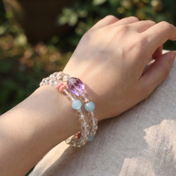 Crystal Harmony double-wrap clear quartz, amethyst and aquamarine bracelet