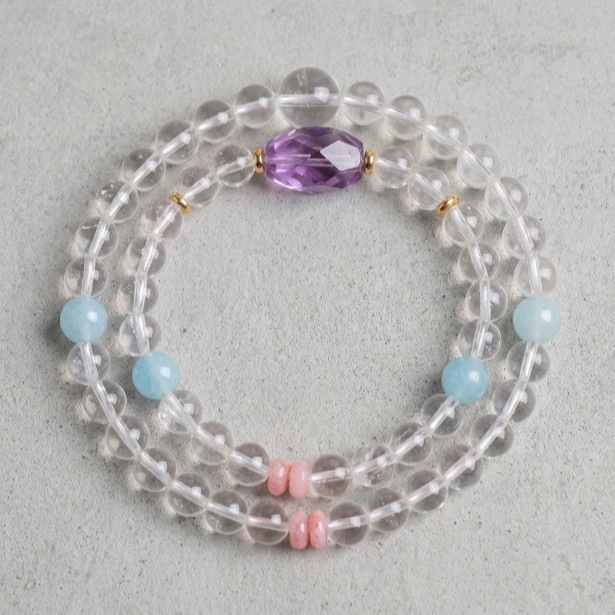 Crystal Harmony double-wrap clear quartz, amethyst and aquamarine bracelet