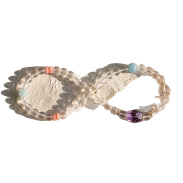 Crystal Harmony double-wrap clear quartz, amethyst and aquamarine bracelet