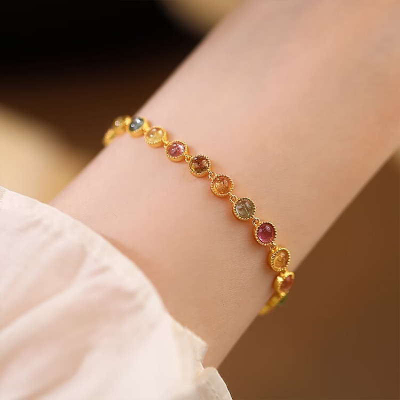 925 Sterling Silver Natural Tourmaline Colorful Gemstone Bracelet 7