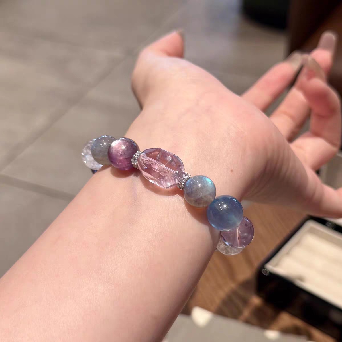 Natural Aquamarine & Gray Moonstone Crystal Bracelet