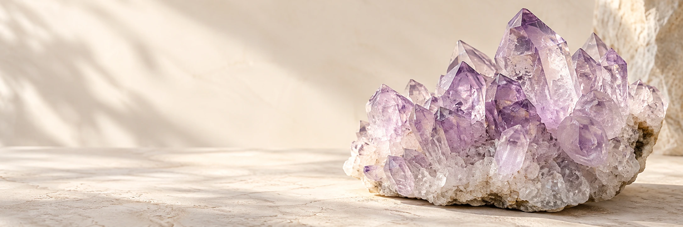 amethyst crystals on warm ivory stone