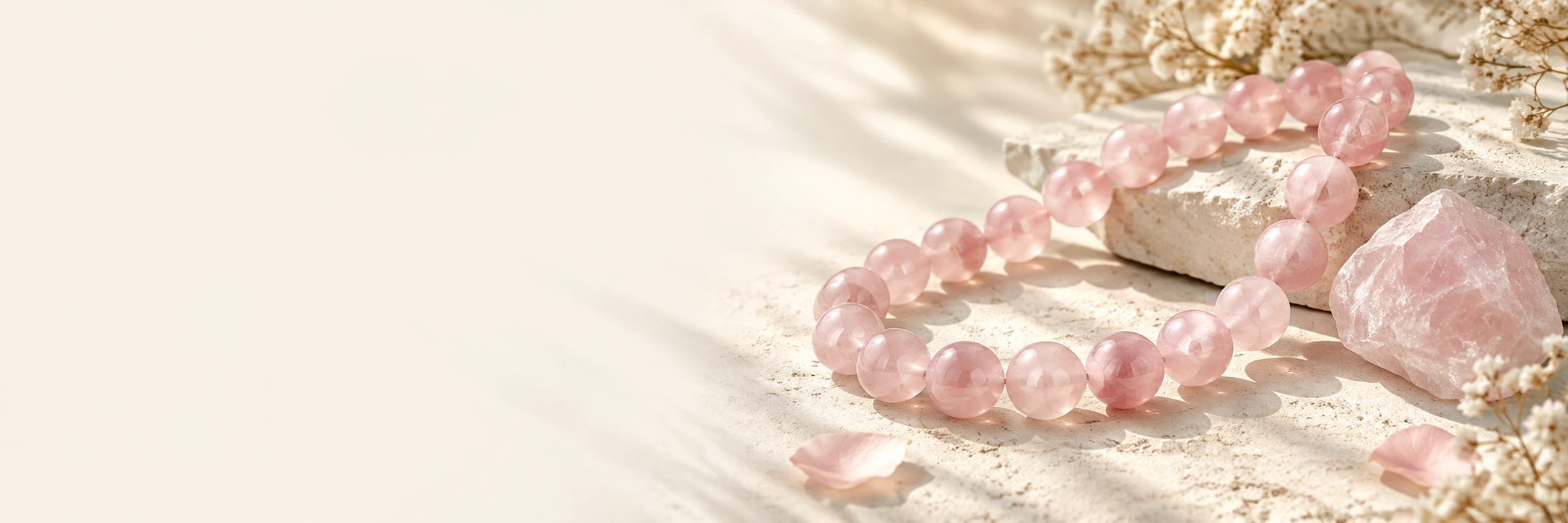 rose quartz crystals on warm ivory stone